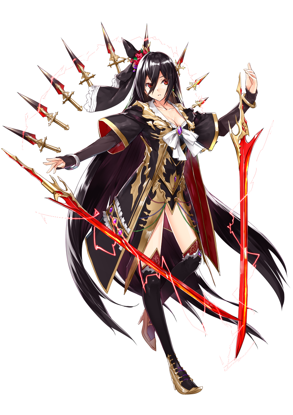 1girl black_hair black_legwear breasts cleavage dual_wielding full_body funnels high_heels highres kyougoku_touya long_hair long_sleeves original red_eyes simple_background solo sword very_long_hair weapon white_background