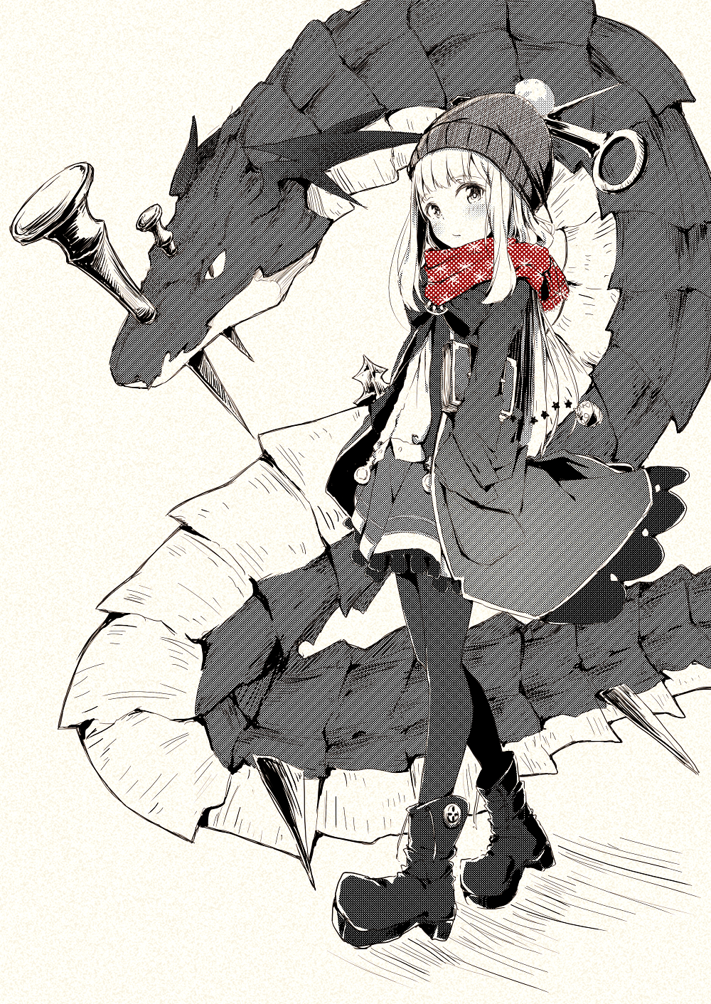 1girl ankle_boots bad_id bad_tumblr_id blush bobblehat book boots bow bowtie cagliostro_(granblue_fantasy) dragon full_body granblue_fantasy hand_in_pocket hat highres jacket long_sleeves looking_at_viewer neko_sensha open_clothes open_jacket ouroboros_(granblue_fantasy) pantyhose red_scarf scarf sidelocks simple_background skirt spot_color yellow_background