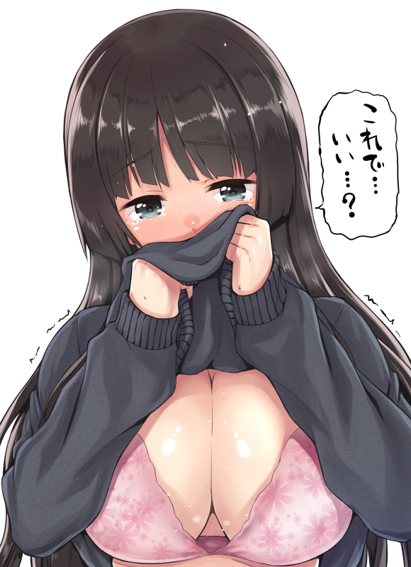 1girl bangs black_eyes black_hair black_sweater blunt_bangs blush bra breasts cleavage clothes_lift covering_mouth embarrassed large_breasts lifted_by_self long_sleeves looking_at_viewer nose_blush original pink_bra saemon_(tonpura) solo sweat sweater sweater_lift tearing_up translated trembling underwear upper_body