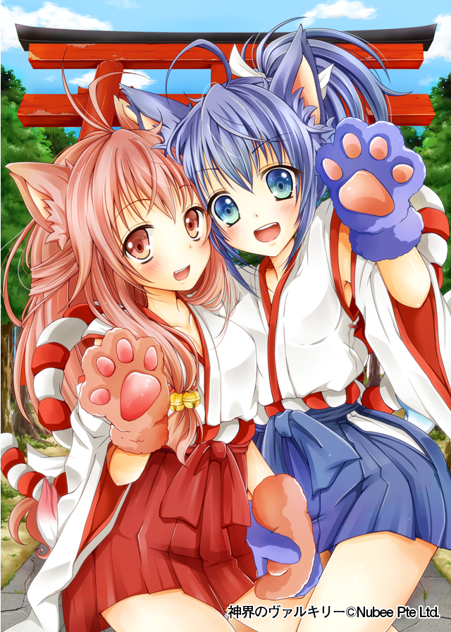 2girls animal_ears blue_eyes blue_hair blue_skirt blush breasts cat_ears cat_paws cleavage collarbone company_name eyebrows_visible_through_hair hand_holding japanese_clothes large_breasts long_hair long_sleeves looking_at_viewer miko mohumohu-san multiple_girls open_mouth paws pink_eyes pink_hair red_skirt shinkai_no_valkyrie skirt smile tape teeth torii