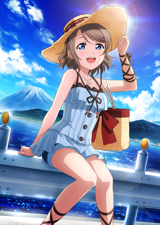 1girl artist_request bag bare_shoulders blue_eyes blue_sky blush brown_hair clouds collarbone day hat jewelry looking_at_viewer love_live! love_live!_school_idol_festival love_live!_sunshine!! mountain ocean official_art open_mouth outdoors pendant pinstripe_pattern short_hair shorts sitting sky striped sunlight watanabe_you wavy_hair