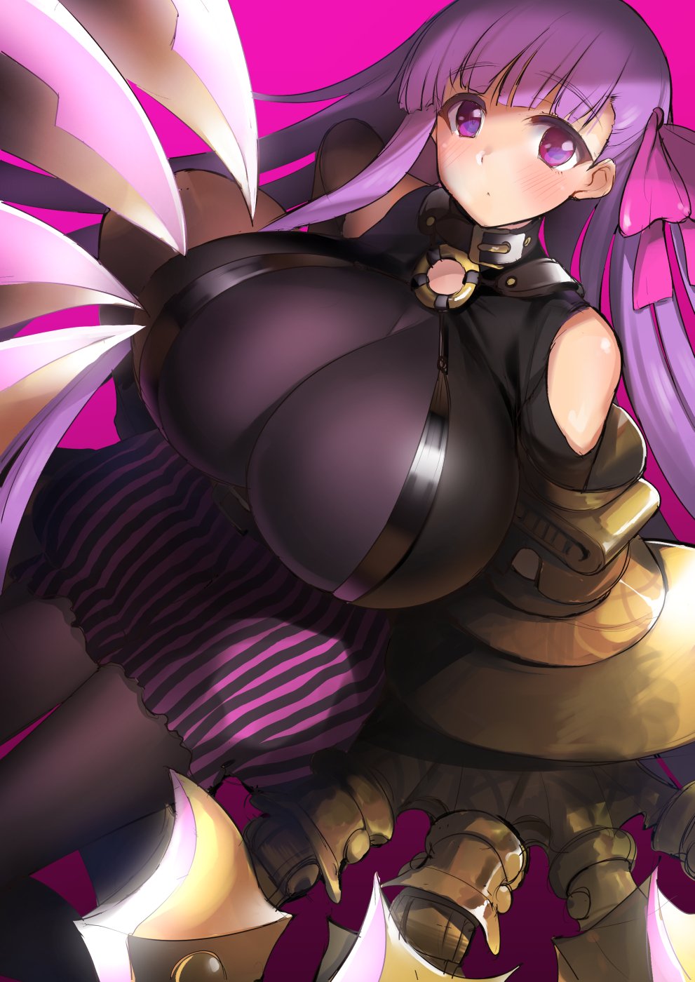 1girl :o bangs bare_shoulders black_bodysuit blunt_bangs blush bodysuit breasts claws fate/extra fate/extra_ccc fate_(series) hair_ribbon highres huge_breasts long_hair looking_at_viewer o-ring_top passion_lip pink_background pink_ribbon purple_hair ribbon shiba_nanasei skirt solo striped vertical-striped_skirt vertical_stripes very_long_hair violet_eyes