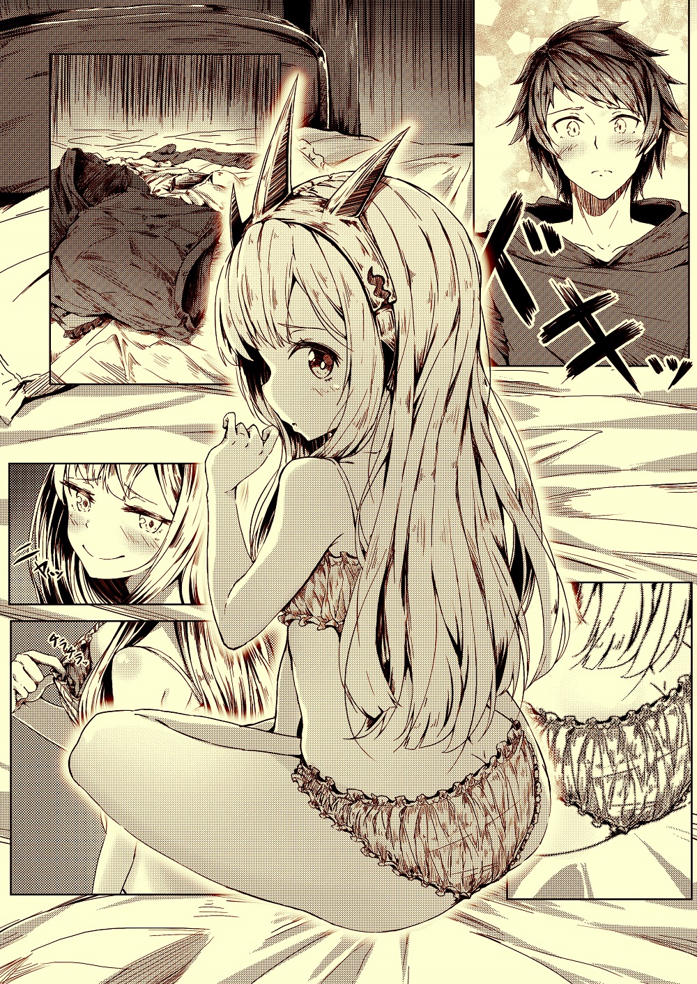 1boy 1girl ass bad_id bad_tumblr_id bangs blush bra bra_pull breasts butt_crack cagliostro_(granblue_fantasy) closed_mouth clothes_removed comic crown dimples_of_venus eyebrows_visible_through_hair frilled_bra frilled_panties frills from_behind gran_(granblue_fantasy) granblue_fantasy hairband highres hood hoodie indian_style lingerie long_hair looking_back monochrome multiple_views naughty_face neko_sensha panties sitting small_breasts smile underwear