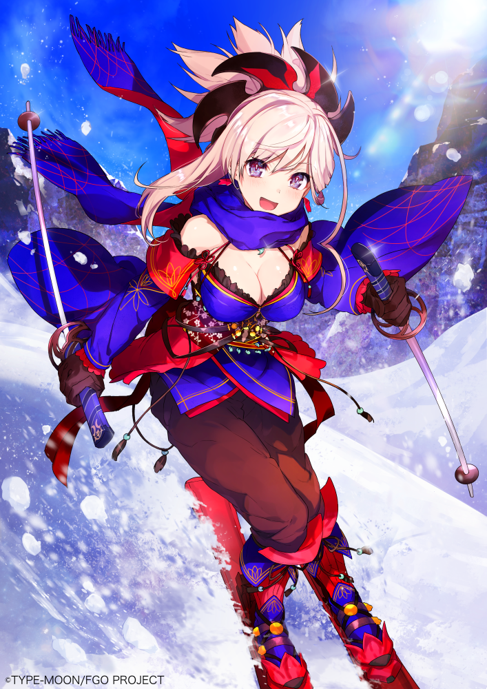 1girl :d adapted_costume bangs bare_shoulders black_gloves black_pants blue_eyes blue_footwear blue_kimono blue_scarf blue_sky blush boots breasts cleavage day detached_sleeves eyebrows_visible_through_hair fate/grand_order fate_(series) fringe full_body glint gloves hair_ornament holding japanese_clothes kimono knee_boots lens_flare light_rays long_hair long_sleeves looking_at_viewer magatama medium_breasts mika_pikazo miyamoto_musashi_(fate/grand_order) motion_blur mountain obi open_mouth outdoors pants pink_hair ponytail sash scarf ski_pole skiing skis sky smile snow solo sunbeam sunlight tassel
