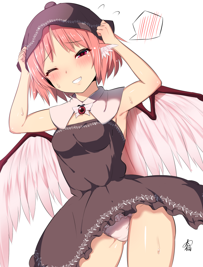 1girl adapted_costume animal_ears armpits arms_up ayagi_daifuku blush brown_dress commentary_request detached_collar dress eyebrows_visible_through_hair feathered_wings grin hands_on_headwear hat looking_at_viewer mystia_lorelei one_eye_closed panties pink_hair red_eyes signature simple_background smile solo spoken_blush strapless strapless_dress sweat thighs touhou underwear white_background white_panties wings