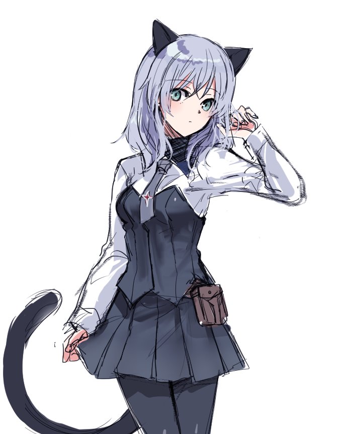 1girl animal_ears blush breasts cat_ears cat_tail green_eyes grey_hair medium_breasts necktie pantyhose sanya_v_litvyak sketch skirt solo strike_witches tail white_background world_witches_series