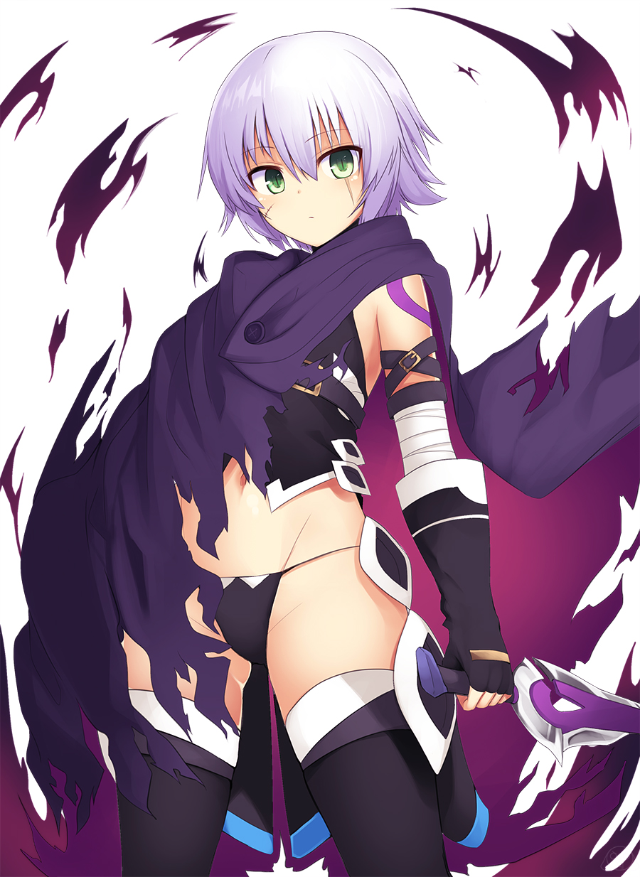 1girl arm_at_side arm_belt assassin_of_black bandage bandaged_arm bangs black_gloves black_legwear black_panties black_shirt buckle buttons cloak closed_mouth commentary_request expressionless eyebrows_visible_through_hair fate/grand_order fate_(series) fingerless_gloves from_below gloves green_eyes groin hair_between_eyes highres holding holding_knife holding_weapon knife legs_apart looking_at_viewer looking_down lowleg lowleg_panties mahcdai navel panties purple_cloak scabbard scar scar_across_eye scar_on_cheek sheath shiny shiny_hair shirt short_hair silver_hair simple_background sleeveless sleeveless_shirt slit_pupils solo standing tattoo thigh-highs torn_cloak underwear unsheathed weapon white_background wind