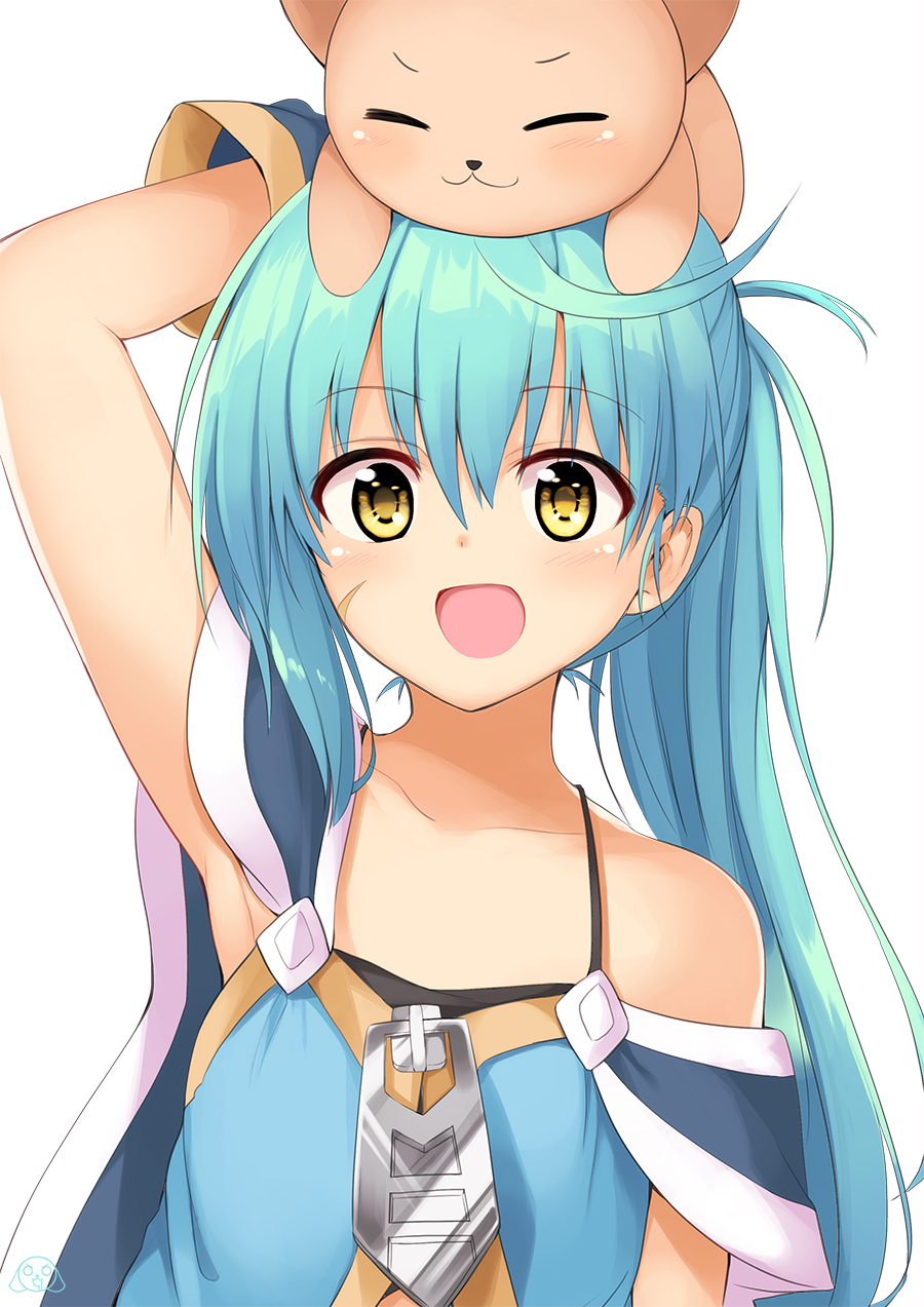 1girl :d animal animal_on_head arm_behind_head arm_up artist_logo bangs bare_shoulders blue_gloves blue_hair blue_shirt cat cat_on_head collarbone commentary_request eyebrows_visible_through_hair gloves hair_between_eyes highres long_hair looking_at_viewer mahcdai off-shoulder_shirt on_head open_mouth original planol_note ponytail scar_on_cheek shiny shiny_hair shirt simple_background smile solo spaghetti_strap tareme upper_body white_background yellow_eyes zipper_pull_tab |3