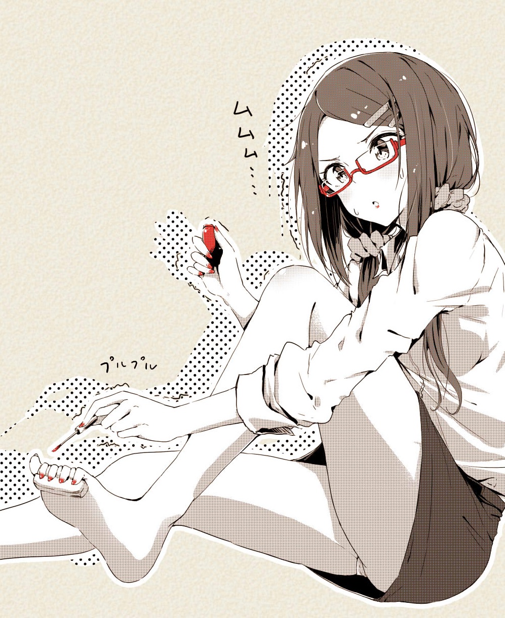 1girl bad_id bad_tumblr_id barefoot blouse feet glasses hair_ornament hair_scrunchie hairclip highres legs long_hair low_twintails nail_polish neko_sensha office_lady original parted_lips pencil_skirt red-framed_eyewear red_nails scrunchie semi-rimless_glasses silhouette sitting skirt sleeves_rolled_up soles solo sweatdrop thighs toenail_polish toes twintails under-rim_glasses