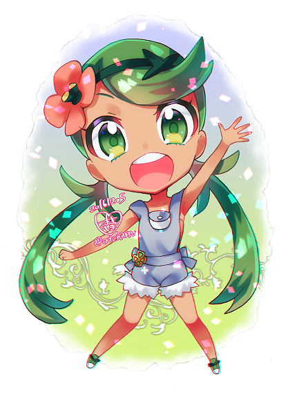 1girl armpits bangs chibi clenched_hand collarbone commentary_request dark_skin dated flower full_body gradient gradient_background green_eyes green_hair green_hairband green_shoes hair_flower hair_ornament hairband hand_up heart long_hair looking_at_viewer mallow_(pokemon) open_mouth overalls pink_shirt plant pokemon pokemon_(game) pokemon_sm shirt shoes signature sleeveless sleeveless_shirt smile solo standing strapless teeth trial_captain tubetop twintails two-tone_background vines yoisho_(hami)