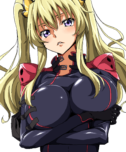 1girl bangs black_gloves blonde_hair blush breast_hold breasts code_geass code_geass:_boukoku_no_akito gloves hair_ornament large_breasts leila_(code_geass) long_hair looking_at_viewer parted_lips pilot_suit runaru skin_tight solo twintails upper_body violet_eyes