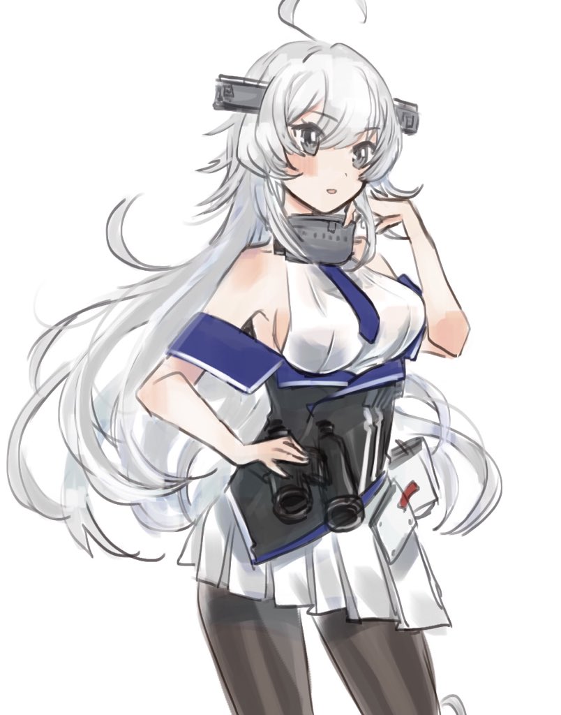 1girl ahoge bangs binoculars black_legwear blue_neckwear blush breasts eyebrows_visible_through_hair grey_eyes headgear holding kantai_collection large_breasts long_hair momosio2f necktie one-hour_drawing_challenge open_mouth pantyhose pleated_skirt silver_hair simple_background skirt solo washington_(kancolle) white_background white_skirt