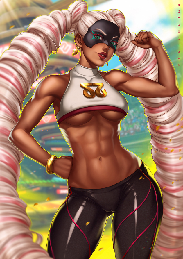 1girl abs arm_up arms_(game) blonde_hair bracelet breasts covered_nipples dandon_fuga dark_skin drill_hair earrings green_eyes hand_on_hip jewelry lips long_hair looking_at_viewer mask navel pink_hair revision solo thighs toned twin_drills twintelle_(arms) under_boob very_long_hair