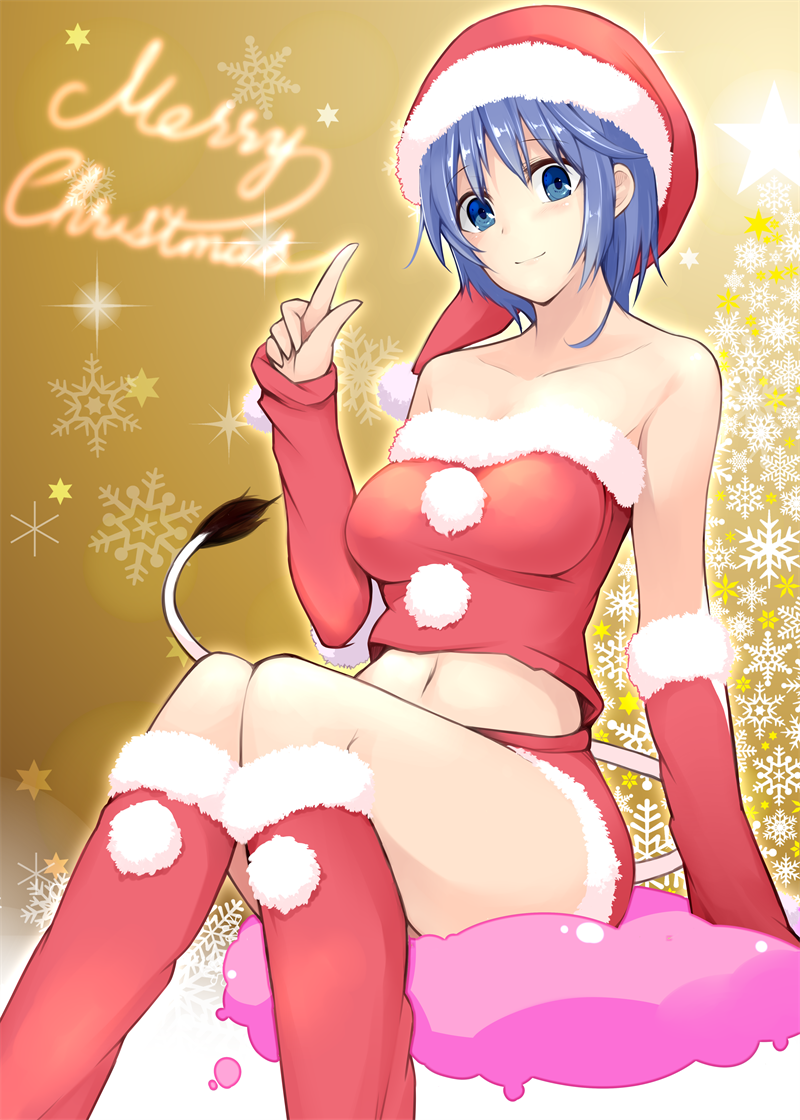 1girl arm_support bare_shoulders blue_eyes blue_hair blush boots breasts christmas closed_mouth collarbone detached_sleeves doremy_sweet female hand_up hat index_finger_raised jajao knees_together_feet_apart looking_at_viewer matching_hair/eyes medium_breasts merry_christmas midriff navel neck red_boots red_detached_sleeves red_tubetop santa_costume santa_hat shiny shiny_hair short_hair sitting smile snowflakes snowflakes_background solo star strapless tail touhou tubetop