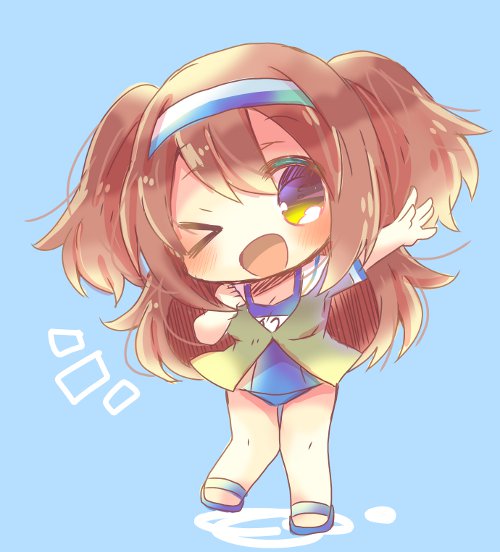 10s 1girl blue_background brown_eyes brown_hair chibi full_body hairband i-26_(kantai_collection) kantai_collection kouu_hiyoyo light_brown_eyes light_brown_hair long_hair new_school_swimsuit one_eye_closed sandals school_swimsuit simple_background solo standing swimsuit two-tone_hairband two_side_up