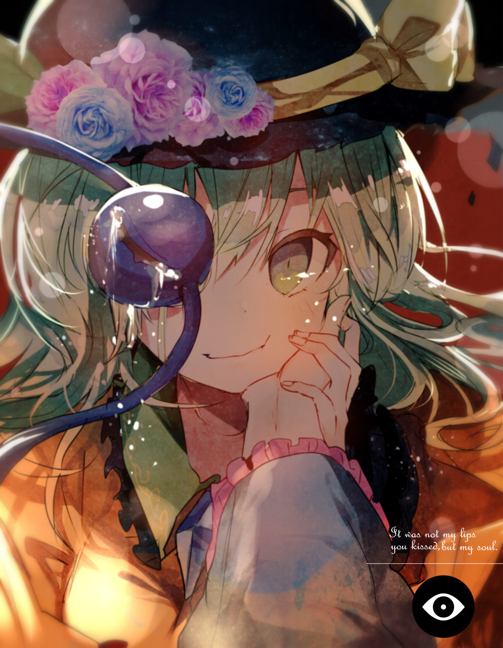 2girls :t bangs bow closed_mouth english eyeball female_pov flower frills green_eyes green_hair hand_grab hand_on_another's_cheek hand_on_another's_face hat hat_bow hat_ribbon heart heart_of_string highres komeiji_koishi komeiji_satori light_smile long_sleeves looking_at_viewer multiple_girls nuudoru one_eye_covered pov ribbon short_hair siblings sisters smile solo_focus string tears third_eye touhou wide_sleeves