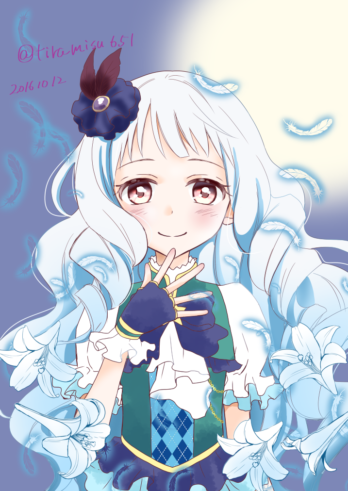1girl aikatsu! aikatsu_stars! artist_name bangs blue_bow blush bow brown_eyes corsage curly_hair dated feathers flower frills gloves hair_ornament lily_(flower) multicolored_hair ringlets shirogane_lilly sleeves smile tiramisu651 white_hair white_sleeves
