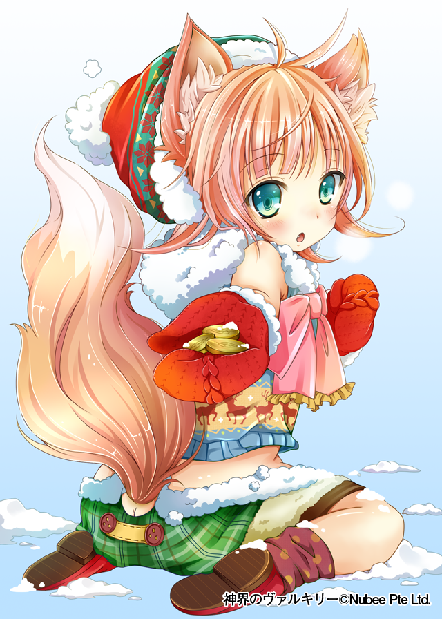 1girl animal_ears ass bare_shoulders blush brown_hair coin eyebrows_visible_through_hair fang fox_ears fox_tail green_eyes hat holding_coin looking_at_viewer mittens mohumohu-san open_mouth red_hat red_mittens santa_hat seiza shinkai_no_valkyrie short_hair sitting snow solo tail