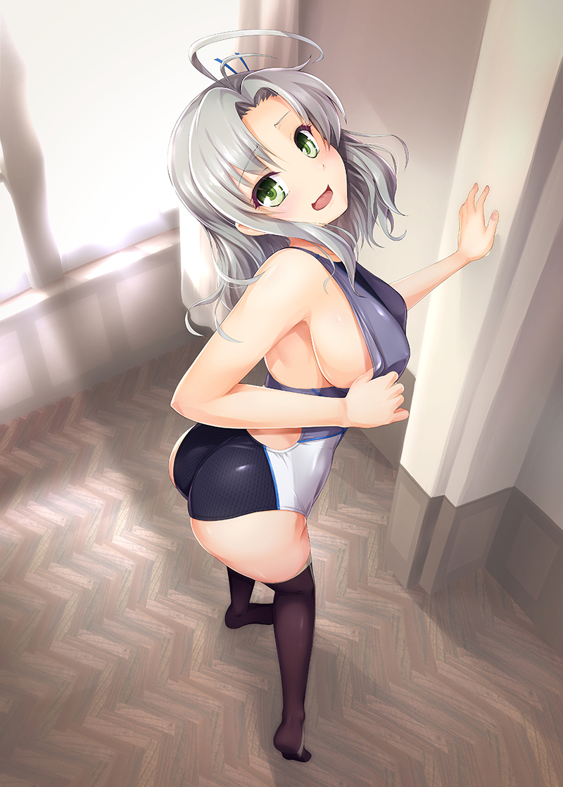 10s 1girl 8000 ahoge arm_support ass breasts floor from_above full_body green_eyes grey_hair indoors kantai_collection kinugasa_(kantai_collection) large_breasts leaning_forward long_hair looking_at_viewer looking_back looking_up one-piece_swimsuit open_mouth sideboob smile solo standing swimsuit thigh-highs