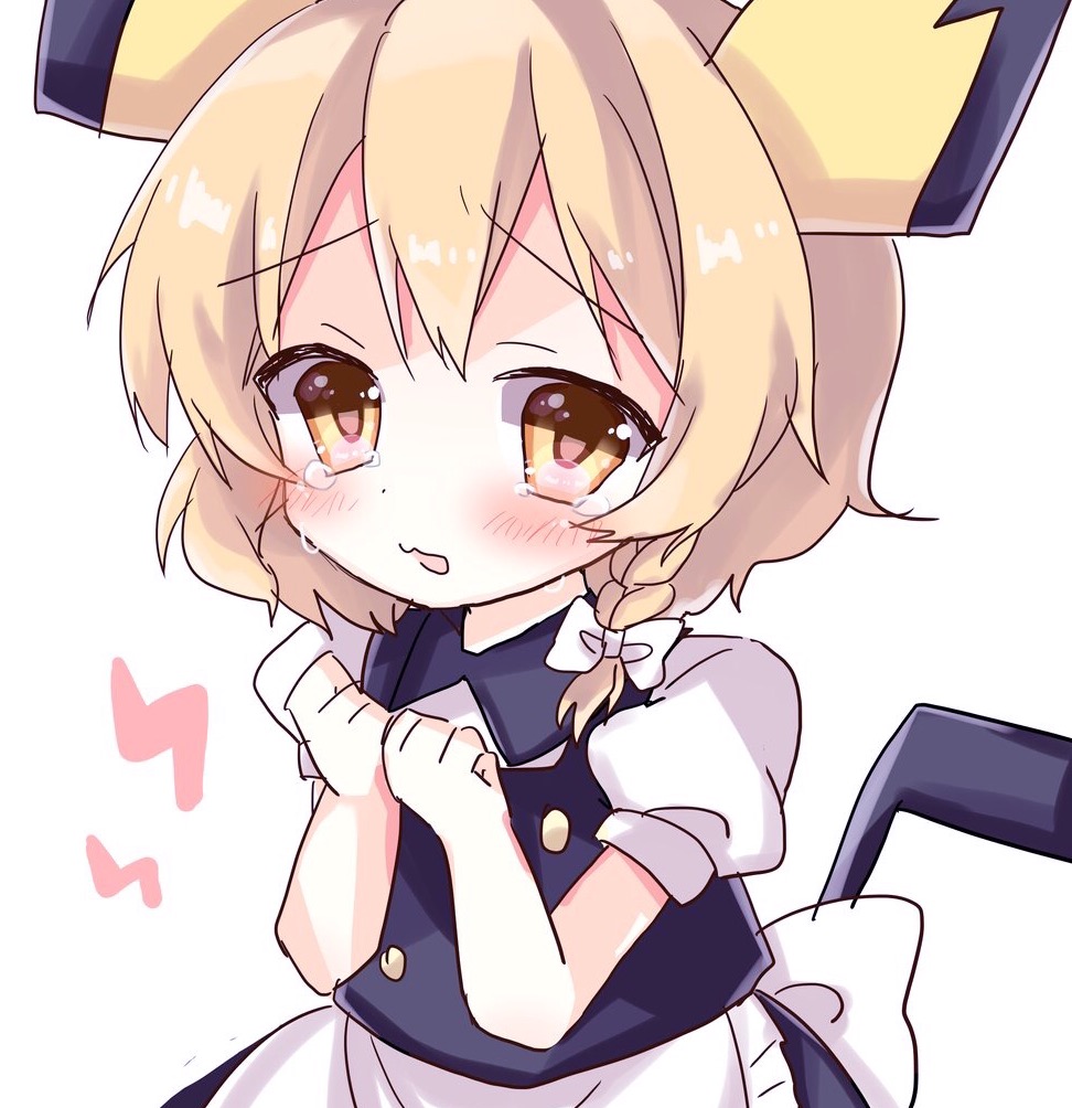 1girl animal_ears apron blonde_hair blush braid cosplay crying crying_with_eyes_open fusion kirisame_marisa looking_at_viewer open_mouth pichu pichu_(cosplay) pokemon rbtt short_hair single_braid skirt skirt_set solo tail tears touhou vest waist_apron yellow_eyes younger