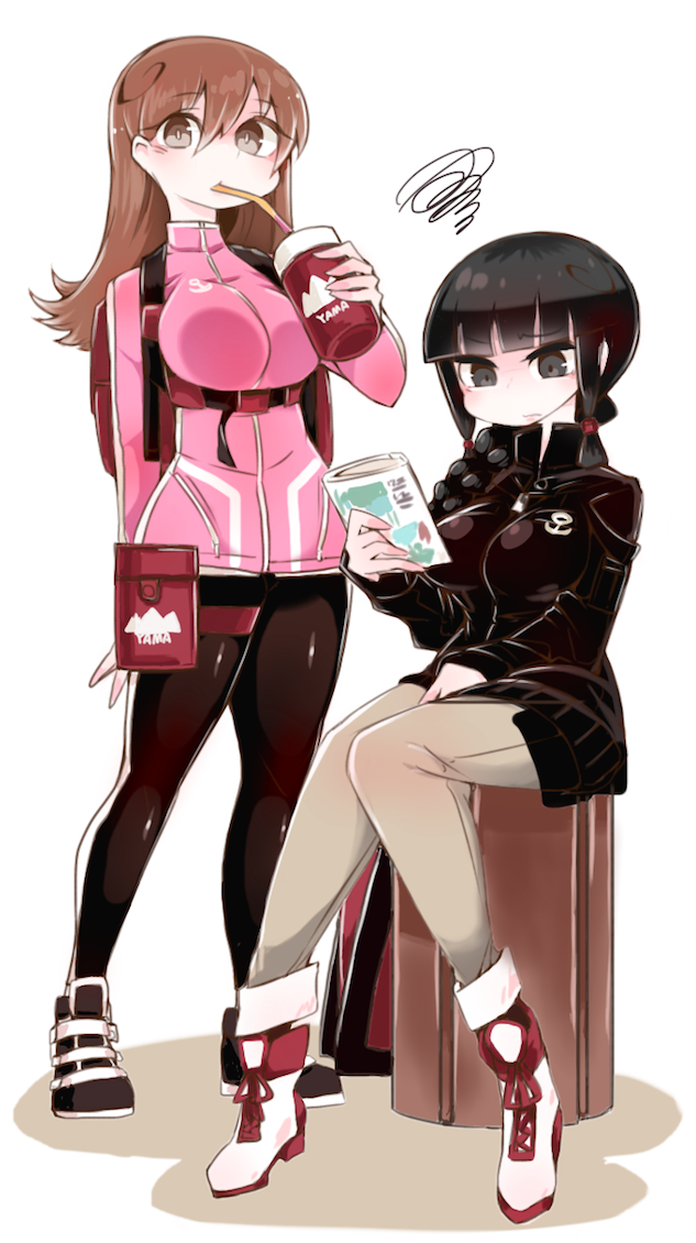 10s 2girls alternate_costume backpack bag black_eyes black_hair braid brown_eyes brown_hair casual full_body hime_cut jacket kantai_collection kitakami_(kantai_collection) looking_at_viewer magazine mato_tsuyoi multiple_girls ooi_(kantai_collection) pants sitting sportswear thermos thigh_strap track_jacket yoga_pants