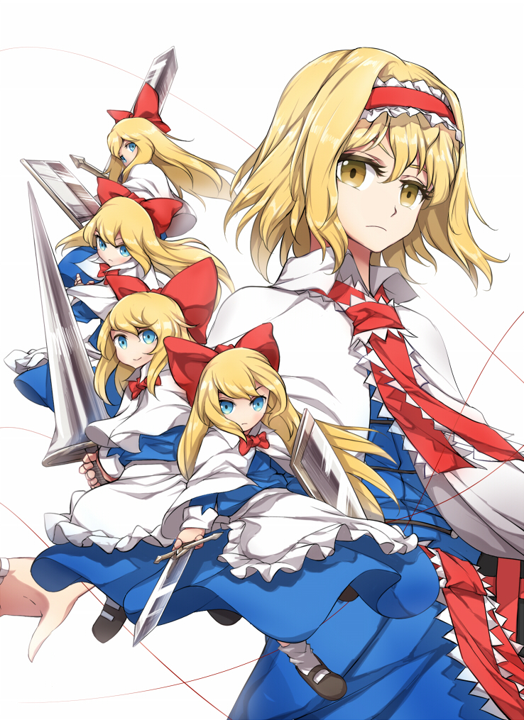 1girl alice_margatroid apron bangs black_shoes blonde_hair blue_dress blue_eyes blush bow capelet colored_eyelashes covered_mouth dress expressionless frilled_apron frills hair_between_eyes hair_bow holding holding_shield holding_sword holding_weapon htangt lance long_hair looking_at_viewer looking_to_the_side polearm puppet_rings shanghai_doll shield shiny shiny_hair shoes short_hair simple_background smile solo sword thread touhou very_long_hair waist_apron weapon white_background yellow_eyes