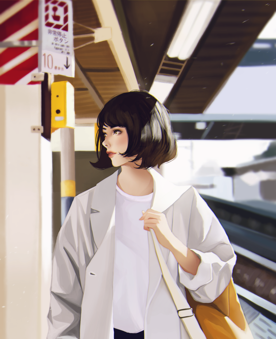 1girl arm_at_side arm_up black_hair commentary day fashion jacket lips long_sleeves looking_to_the_side nose original outdoors parted_lips photo_reference profile red_lips shiro-hane shirt short_hair sleeve_pushed_up solo sunlight train_station train_station_platform translation_request white_jacket white_shirt