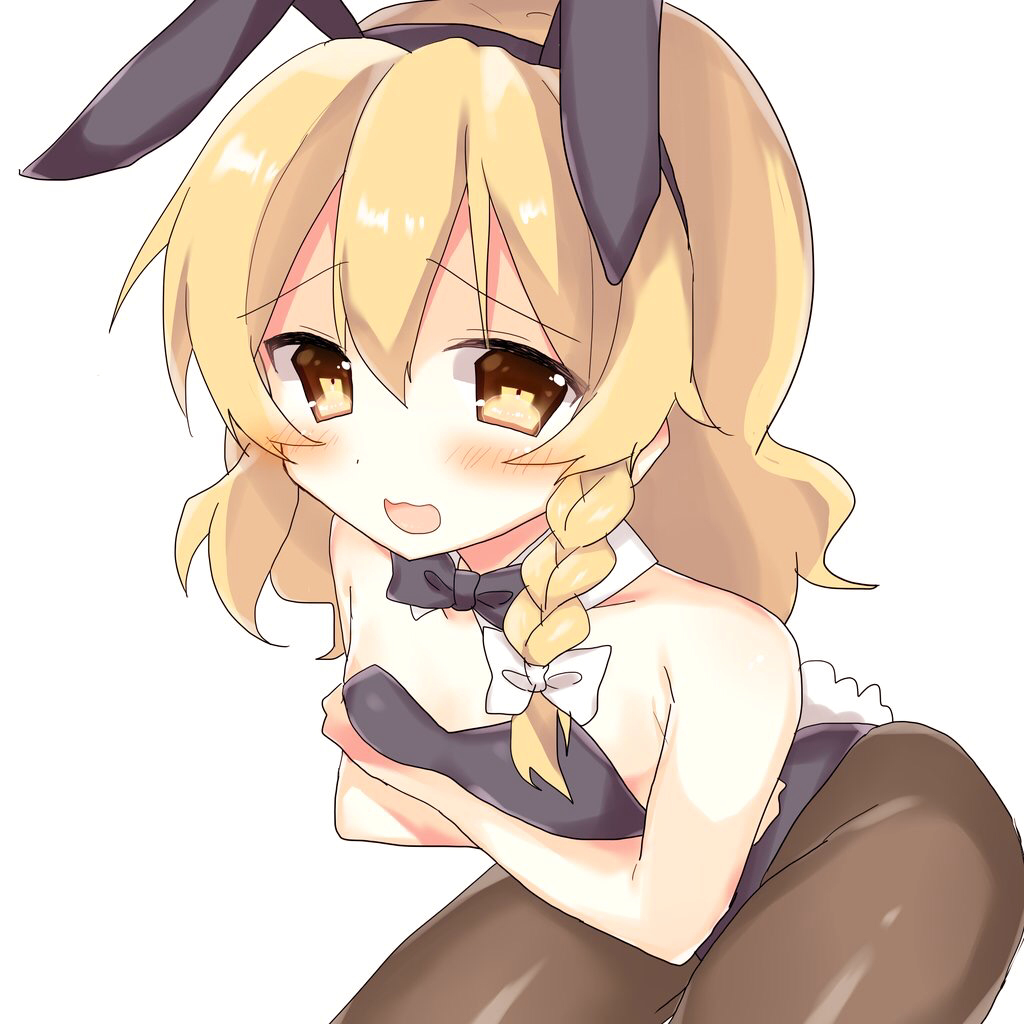 1girl animal_ears bare_shoulders blonde_hair blush breasts bunny_tail bunnysuit detached_collar kirisame_marisa long_hair looking_at_viewer open_mouth pantyhose rabbit_ears rbtt shy small_breasts solo tail touhou wavy_hair wavy_mouth yellow_eyes