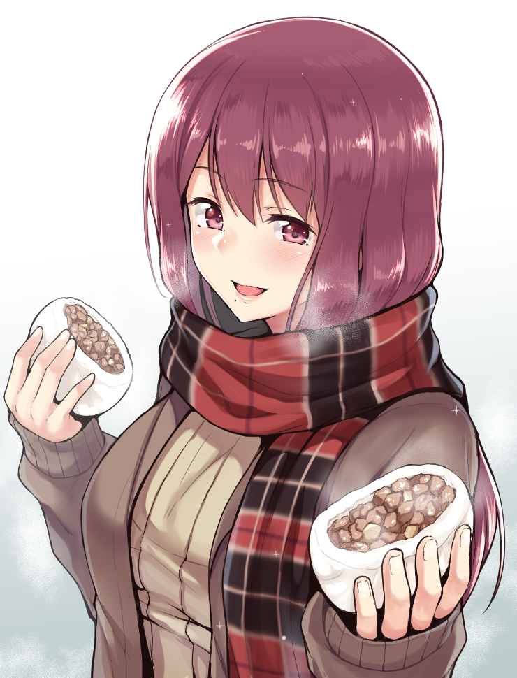 1girl :d bangs baozi blush breasts breath food giving holding holding_food jacket long_hair long_sleeves looking_at_viewer medium_breasts open_clothes open_jacket open_mouth original plaid plaid_scarf purple_hair ribbed_sweater saemon_(tonpura) scarf sharing_food smile solo steam sweater sweater_jacket upper_body violet_eyes