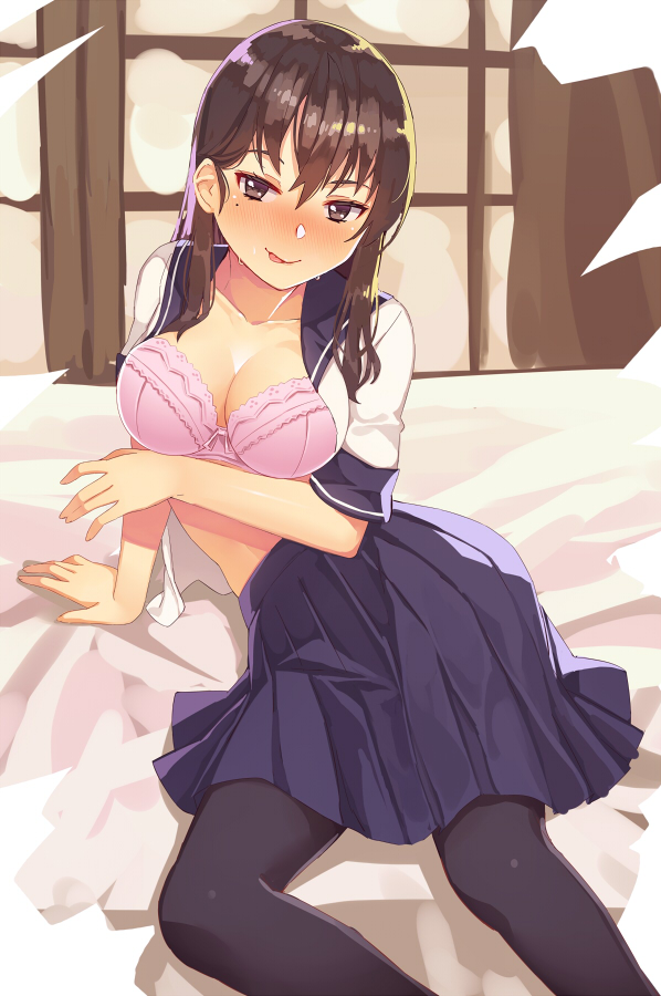 1girl :q bangs bed_sheet black_legwear blouse blue_skirt bra breasts brown_eyes brown_hair cleavage closed_mouth hair_between_eyes indoors kibamigohann long_hair looking_at_viewer medium_breasts open_blouse open_clothes original pantyhose pink_bra pleated_skirt school_uniform serafuku short_sleeves sitting skirt solo tongue tongue_out underwear white_blouse