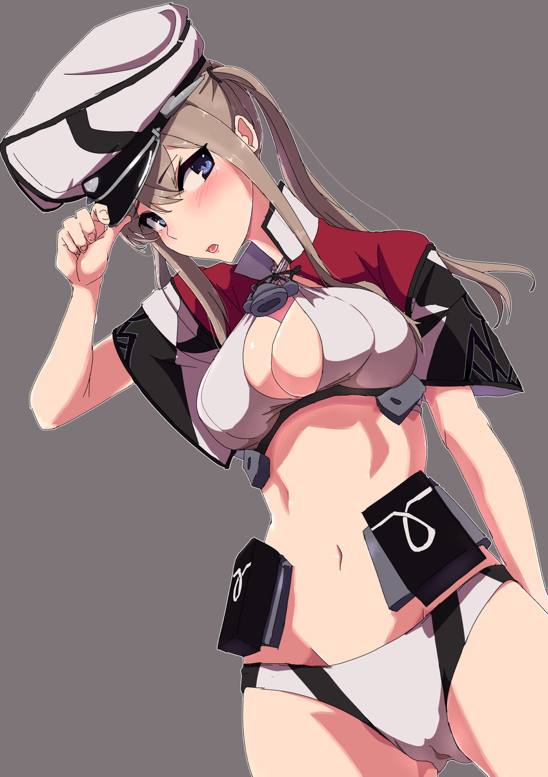 10s 1girl adapted_costume blonde_hair blue_eyes blush breasts capelet comala_(komma_la) graf_zeppelin_(kantai_collection) grey_background hair_between_eyes hat highres kantai_collection large_breasts long_hair open_mouth peaked_cap sidelocks simple_background solo twintails