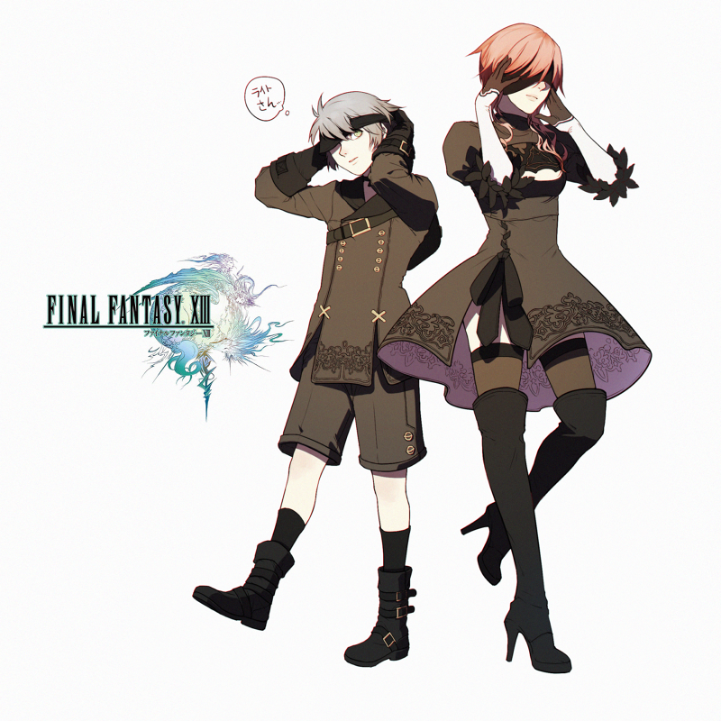 1boy 1girl black_dress black_gloves black_legwear blindfold blue_eyes boots choker cosplay dress final_fantasy final_fantasy_xiii gloves hairband hope_estheim lightning_farron long_hair long_sleeves nier_(series) nier_automata pink_hair puffy_sleeves short_hair silver_hair skirt standing white_hair yorha_no._2_type_b yorha_no._2_type_b_(cosplay) yorha_no._9_type_s yorha_no._9_type_s_(cosplay)