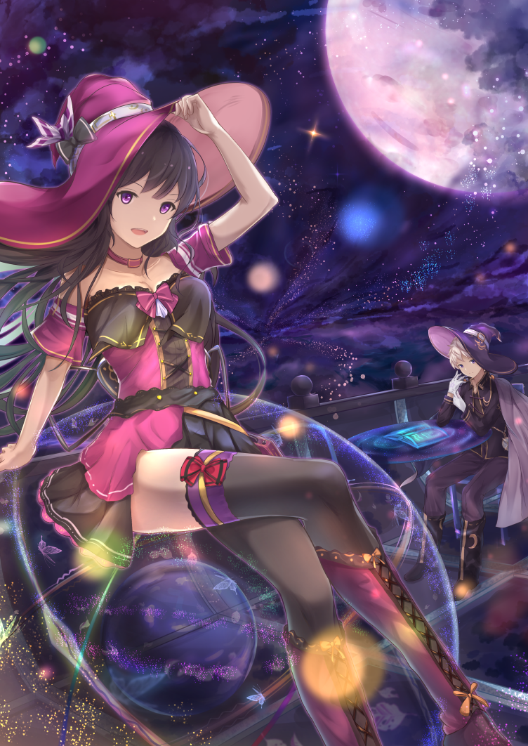1boy 1girl adjusting_clothes adjusting_hat black_bow black_hair black_legwear blush boots bow breasts choker cleavage collarbone full_moon fuuro_(johnsonwade) hat hat_bow knee_boots large_breasts legs_crossed looking_at_viewer moon night open_mouth original purple_boots purple_hat sitting smile table thigh-highs violet_eyes witch_hat