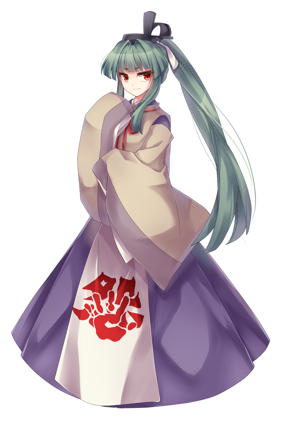 1girl full_body green_hair hair_intakes hichou highres japanese_clothes kimono long_hair looking_at_viewer mystical_power_plant original ponytail red_eyes sidelocks smile solo suitokuin_tenmu touhou white_background