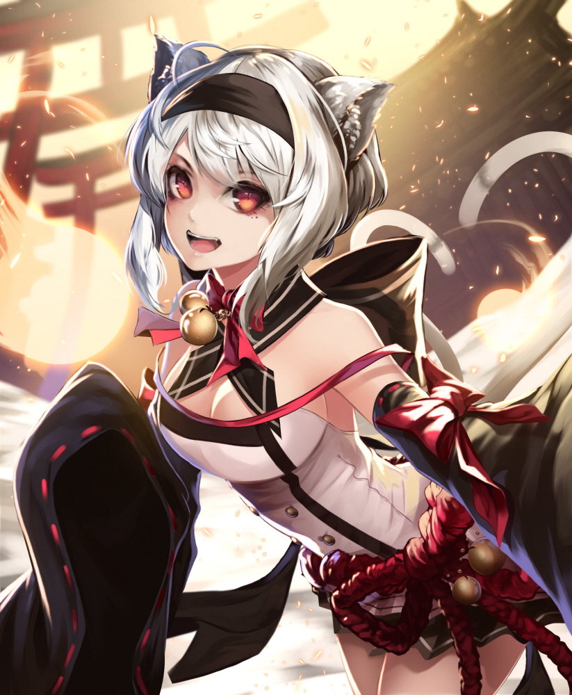 1girl animal_ears bare_shoulders bell blush breasts cat_ears cat_tail cleavage hairband large_breasts leaning_forward looking_at_viewer ming_(torga) open_mouth original red_eyes short_hair silver_hair smile solo tail