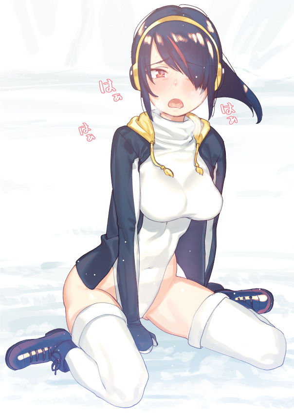 1girl black_boots black_hair boots brown_eyes covered_navel emperor_penguin_(kemono_friends) hair_over_one_eye headphones heavy_breathing highleg highleg_leotard hood hoodie jacket kemono_friends leotard long_hair looking_at_viewer multicolored_hair open_clothes open_mouth sitting solo subachi thigh-highs wariza white_legwear white_leotard