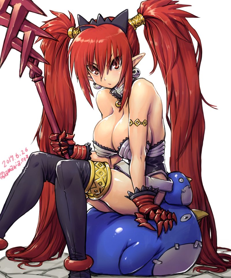 1girl alternate_breast_size alternate_hair_length alternate_hairstyle amania_orz bare_shoulders belt black_legwear breasts cleavage commentary_request dated demon_girl disgaea earrings etna eyebrows_visible_through_hair jewelry large_breasts long_hair looking_at_viewer makai_senki_disgaea older pointy_ears prinny red_eyes redhead shiny shiny_hair shiny_skin sitting skull skull_earrings solo staff thigh-highs twintails twitter_username very_long_hair white_background wings