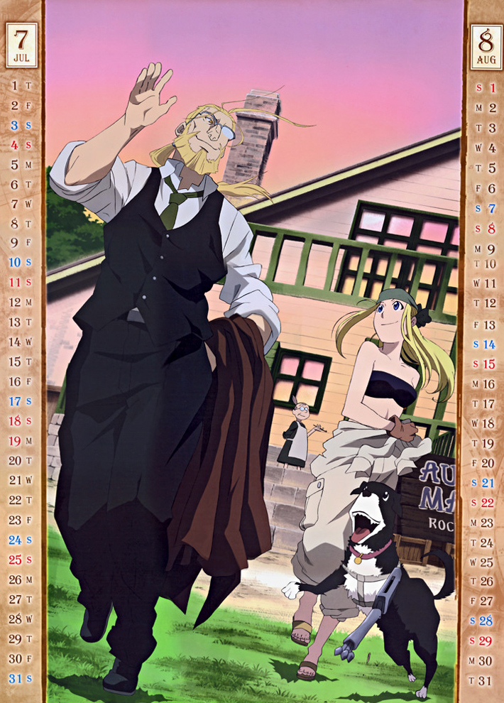 1boy 2girls august blonde_hair blue_eyes calendar coat den_(fma) dog formal fullmetal_alchemist gloves grandmother_and_granddaughter grass green_necktie house july long_hair looking_at_another multiple_girls necktie number official_art pinako pink_sky ponytail sandals smile standing standing_on_one_leg suit tank_top van_hohenheim window winry_rockbell yellow_eyes