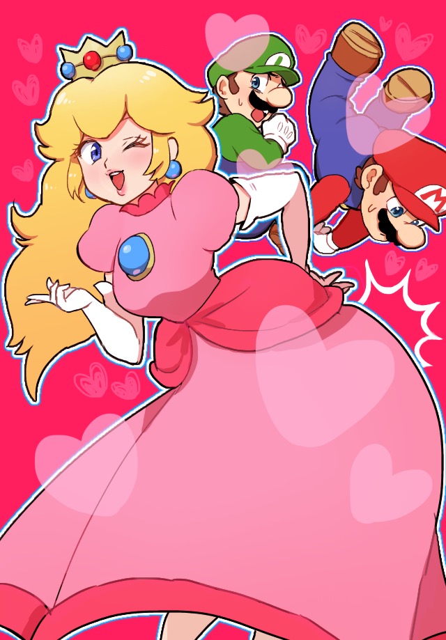 /\/\/\ 1girl 2boys ;d blonde_hair blue_eyes brooch brothers brown_hair butt_bump crown dress earrings elbow_gloves facial_hair gloves hand_on_hip hand_up hat heart jewelry long_hair long_sleeves looking_at_another looking_at_viewer looking_down luigi mario multiple_boys mustache nm_qi one_eye_closed open_mouth overalls pink_dress princess_peach puffy_short_sleeves puffy_sleeves short_hair short_sleeves siblings smile standing super_mario_bros. sweat white_gloves wink