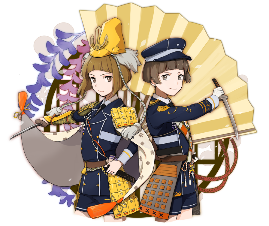 2boys armor bob_cut brown_eyes brown_hair cape fan folding_fan hat hirano_toushirou japanese_armor kiwame_(touken_ranbu) maeda_toushirou male_focus military military_uniform multiple_boys necktie nomuo_(shiromi) sheath shorts smile sode tantou tassel tate_eboshi touken_ranbu uniform weapon