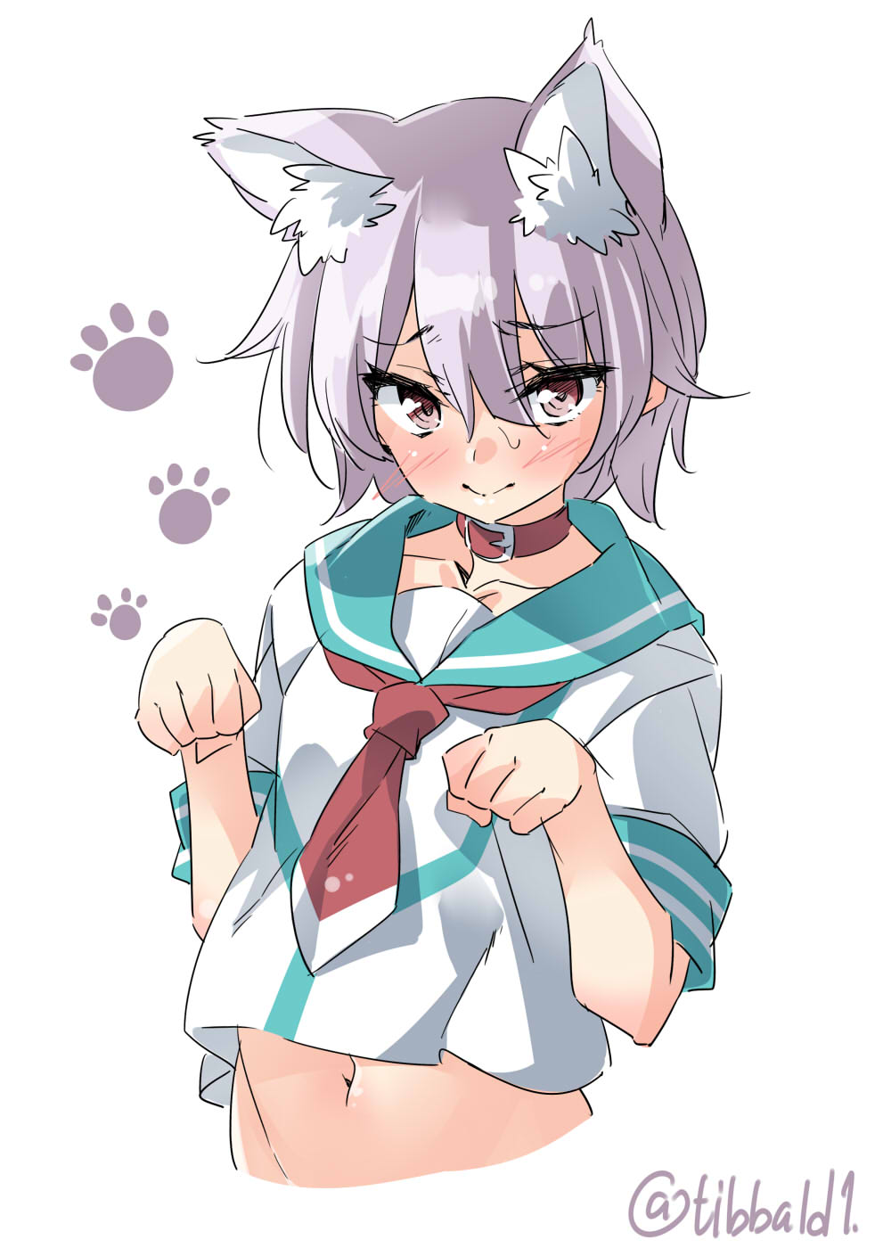 10s 1girl animal_ears bangs blush cat_ears closed_mouth collar collarbone ebifurya eyebrows_visible_through_hair hair_between_eyes highres kantai_collection kemonomimi_mode looking_at_viewer midriff navel neckerchief paw_pose paw_print pink_hair red_eyes school_uniform serafuku short_hair short_sleeves simple_background solo stomach sweat tama_(kantai_collection) twitter_username upper_body white_background