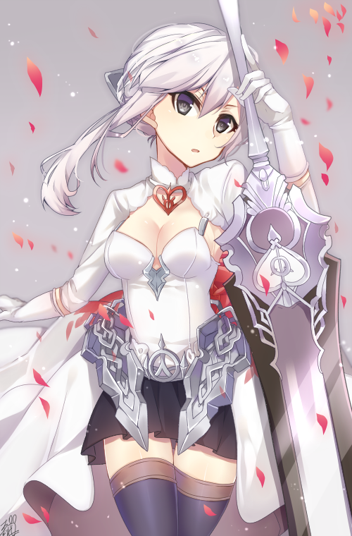 1girl bangs black_skirt breasts cowboy_shot gloves grey_background grey_eyes hair_between_eyes holding holding_sword holding_weapon long_sleeves looking_at_viewer medium_breasts omuretsu parted_lips petals pleated_skirt simple_background sinoalice skirt snow_white_(sinoalice) solo sword weapon white_gloves white_hair