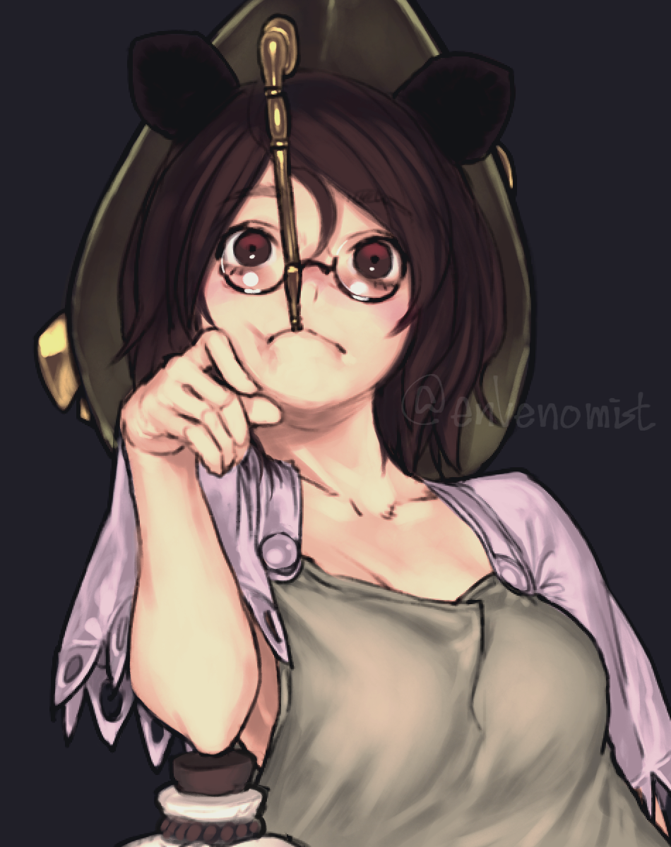 1girl animal_ears armpit_peek black_hair breasts brown_eyes cleavage collarbone futatsuiwa_mamizou gengoroumaru_(ambidextrous) glasses gourd grey_shirt hat highres kiseru looking_at_viewer medium_breasts mouth_hold pince-nez pipe raccoon_ears shirt sleeveless sleeveless_shirt solo touhou twitter_username upper_body