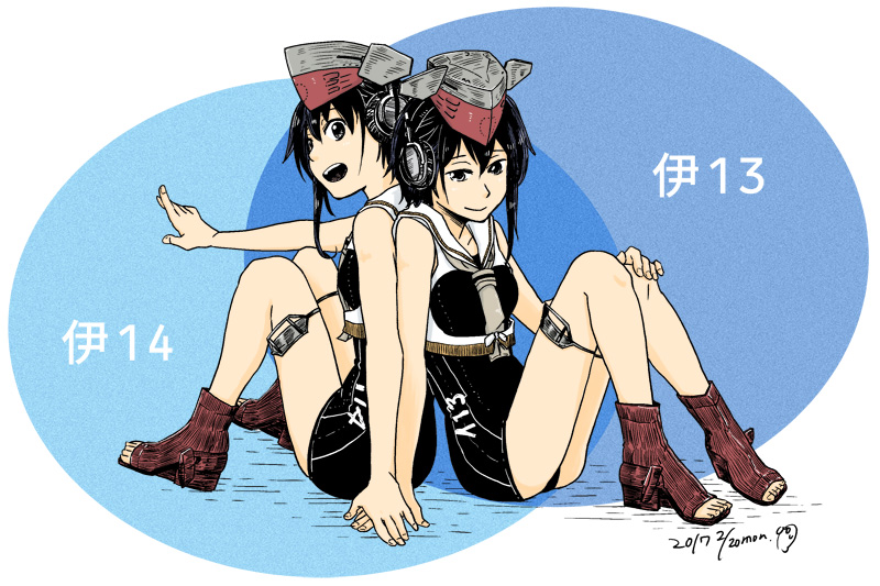 10s 2girls asymmetrical_hair back-to-back black_hair bonjin breasts brown_eyes character_name dated framed_breasts hair_between_eyes hat headphones i-13_(kantai_collection) i-14_(kantai_collection) kantai_collection knees_up looking_at_viewer multiple_girls no_gloves open_mouth open_toe_shoes sailor_collar school_swimsuit shoes short_hair sisters sitting swimsuit thigh_strap twins