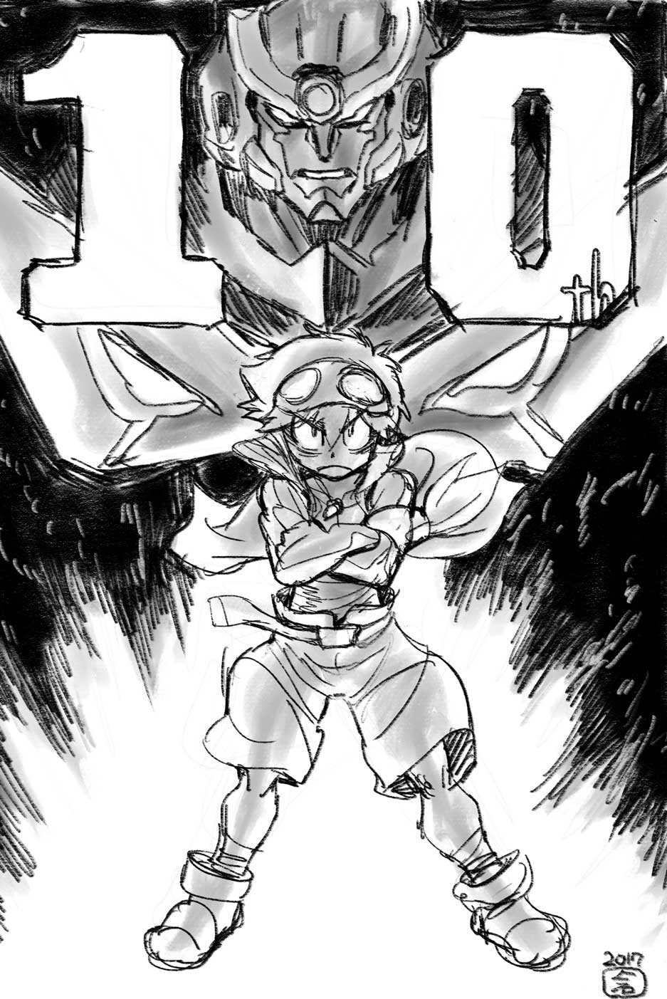 1boy 2017 anniversary beady_eyes belt boots comic crossed_arms full_body goggles goggles_on_head greyscale gurren-lagann highres imaishi_hiroyuki jacket male_focus mecha monochrome number sarashi serious short_hair signature simon solo tengen_toppa_gurren_lagann wide_stance wind wind_lift