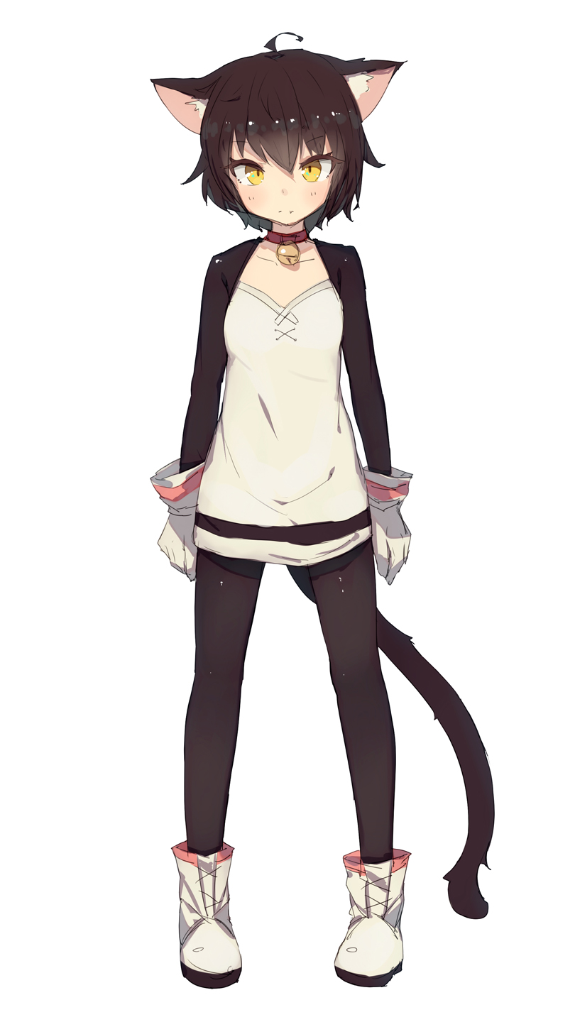 androgynous animal_ears bell bell_collar boots brown_hair cat_ears cat_tail collar commentary fang_out full_body gloves highres jingle_bell legs_apart long_sleeves looking_at_viewer original personification shone short_hair simple_background sketch solo tail white_background yellow_eyes