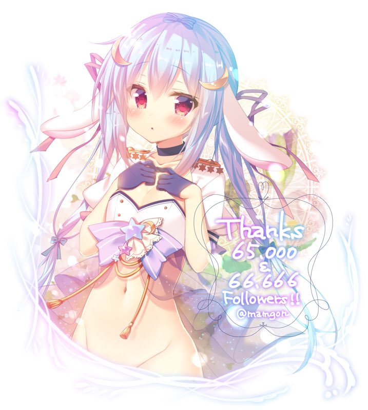 1girl animal_ears blue_hair blush character_request copyright_request crescent crescent_hair_ornament eyebrows_visible_through_hair facing_viewer hair_ornament long_hair looking_at_viewer mitsumomo_mamu navel parted_lips rabbit_ears solo twitter_username