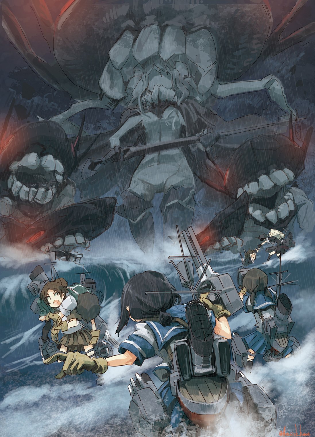 10s 6+girls black_hair brown_hair cannon commentary_request fireman's_carry from_behind from_below fubuki_(kantai_collection) giantess gloves glowing glowing_eyes highres kantai_collection kome low_twintails miyuki_(kantai_collection) multiple_girls red_eyes rigging sailor_collar school_uniform serafuku shigure_(kantai_collection) shikinami_(kantai_collection) shinkaisei-kan shirayuki_(kantai_collection) short_ponytail short_twintails teeth turret twintails wo-class_aircraft_carrier yuudachi_(kantai_collection)