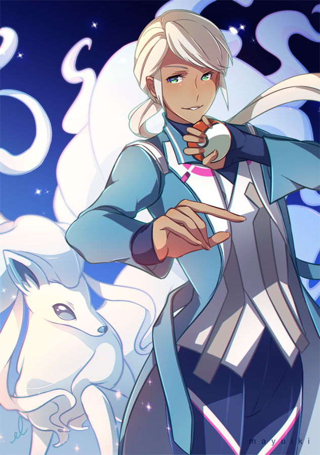 1girl alola_form alolan_ninetales androgynous blanche_(pokemon) blue_eyes dark_skin long_hair ninetales pokemon pokemon_(creature) pokemon_go ponytail white_hair