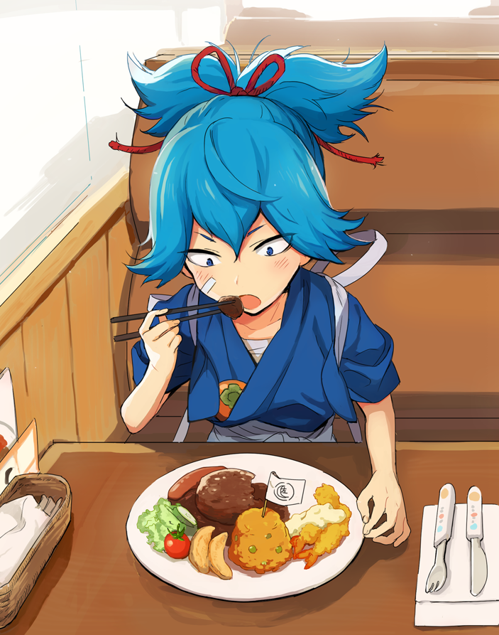 1boy blue_eyes blue_hair chopsticks eating flag food fork fruit hamburger_steak japanese_clothes knife male_focus nomuo_(shiromi) open_mouth persimmon plate ponytail sayo_samonji tempura tomato touken_ranbu